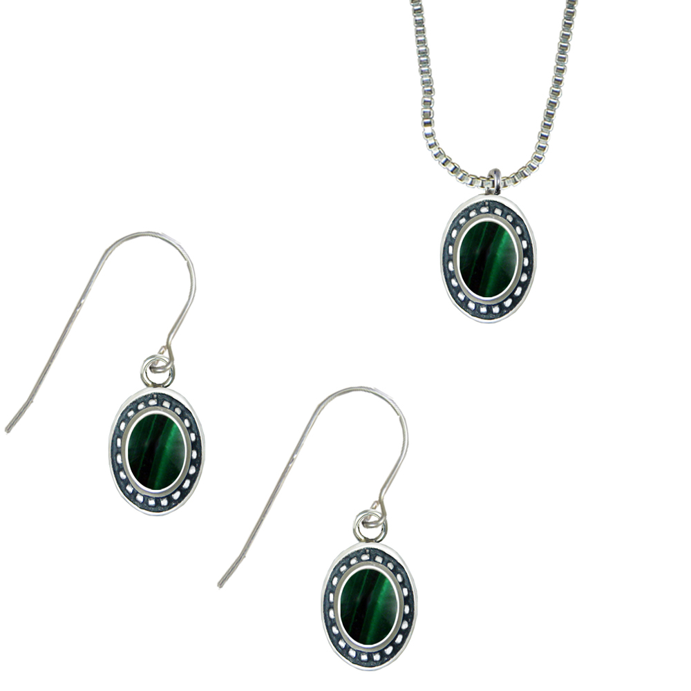 Sterling Silver Petite Necklace Earrings Set Malachite